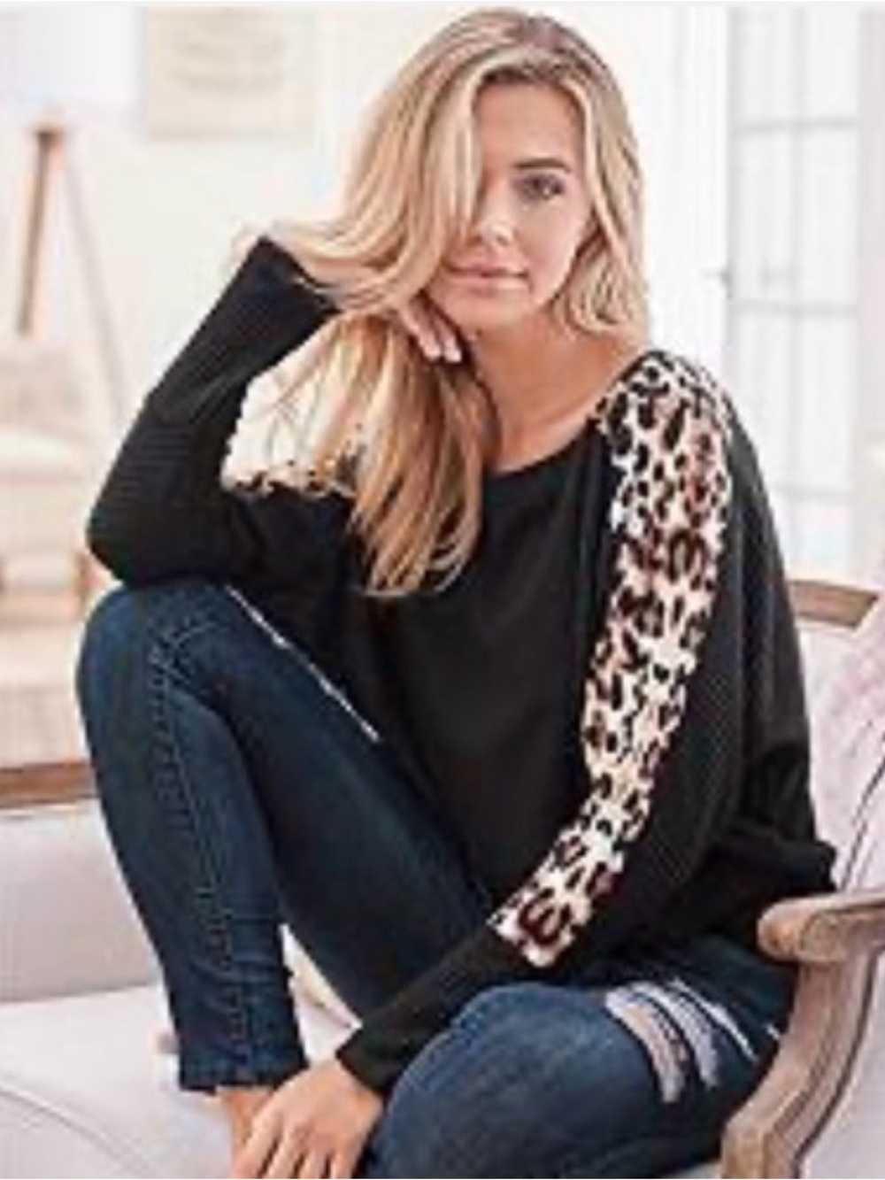 Amaryllis Black Jersey Top with Leopard-Print Sleeves